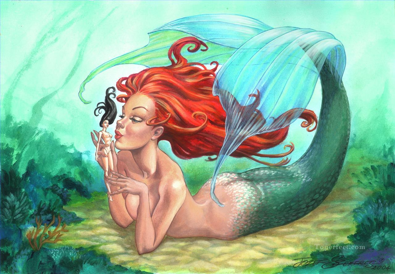 sirène et son jouet océan Peintures à l'huile